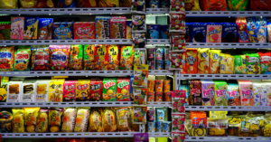 a store shelf for of snacks
